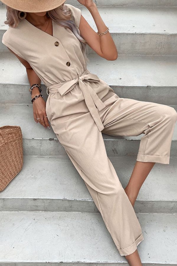 Product Image for  Capped Sleeve Belted V-Neck Jumpsuit