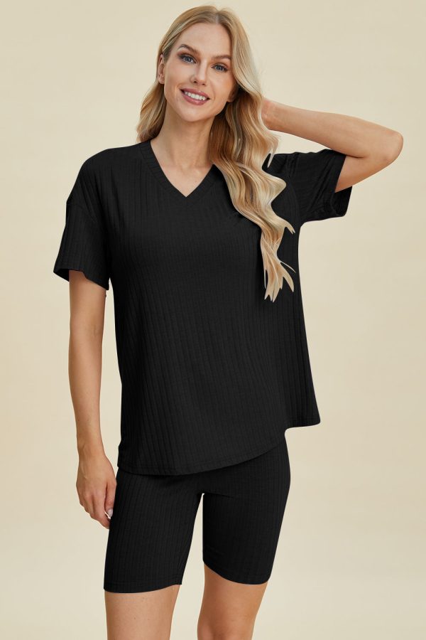 Product Image for  Basic Bae Full Size Ribbed V-Neck Short Sleeve Top and Shorts Set